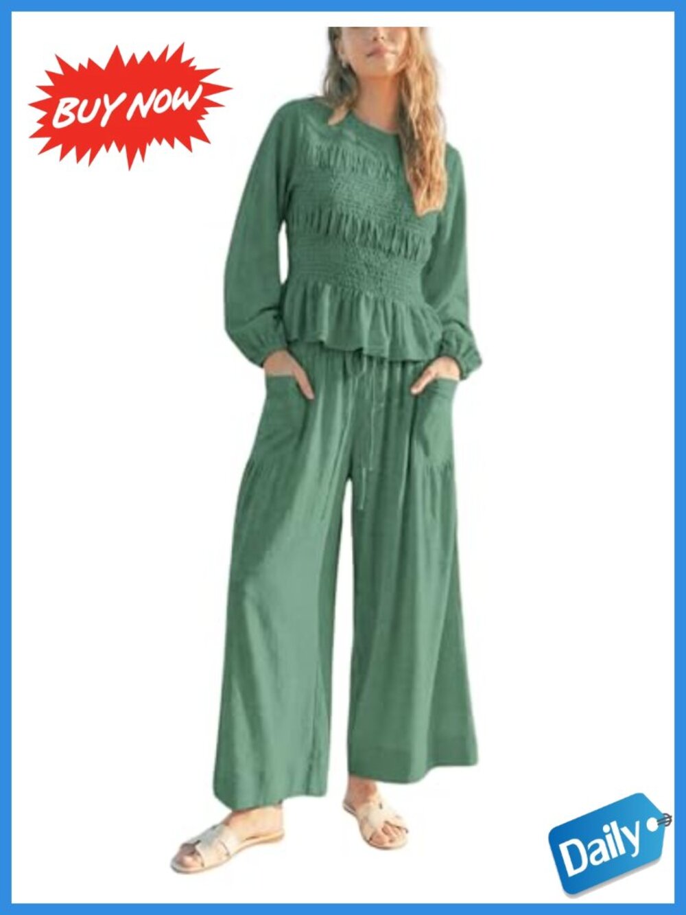 Womens 2-Piece Boho Lounge Set Long Sleeve Smocked Top Wide Leg Pants